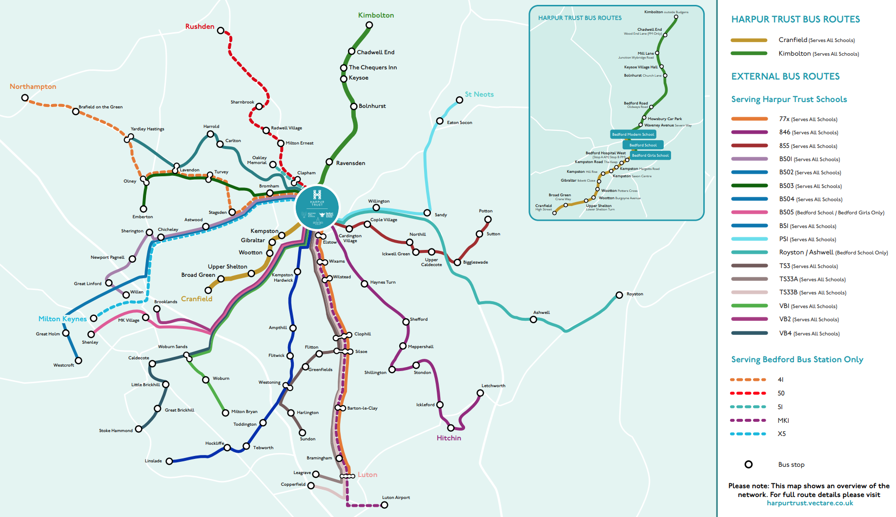 Map of the school bus routes across the surrounding region